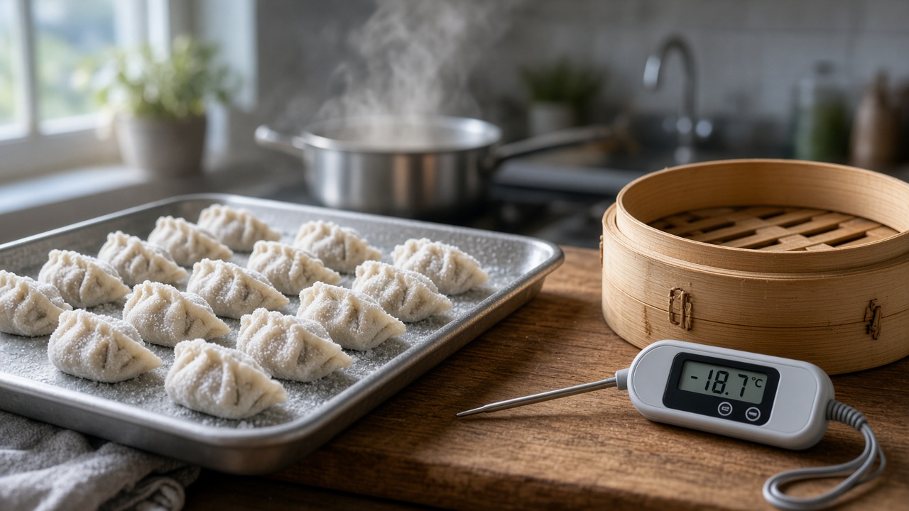 冷凍水餃加熱食安的蒸籠與溫度計,無真人臉