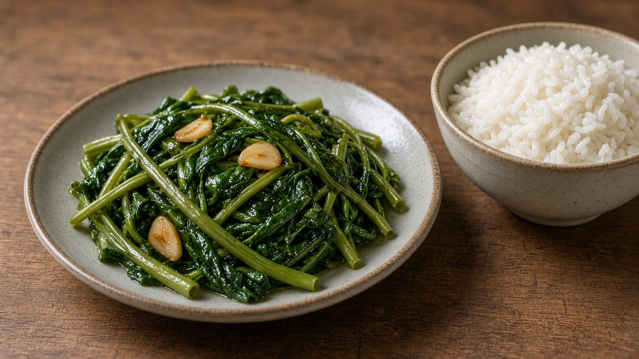 一人份蒜炒空心菜配飯