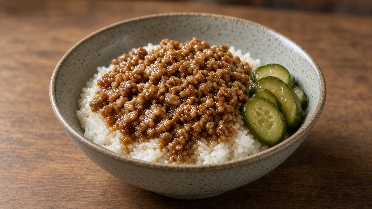 一人份絞肉滷汁飯與小碟醬菜